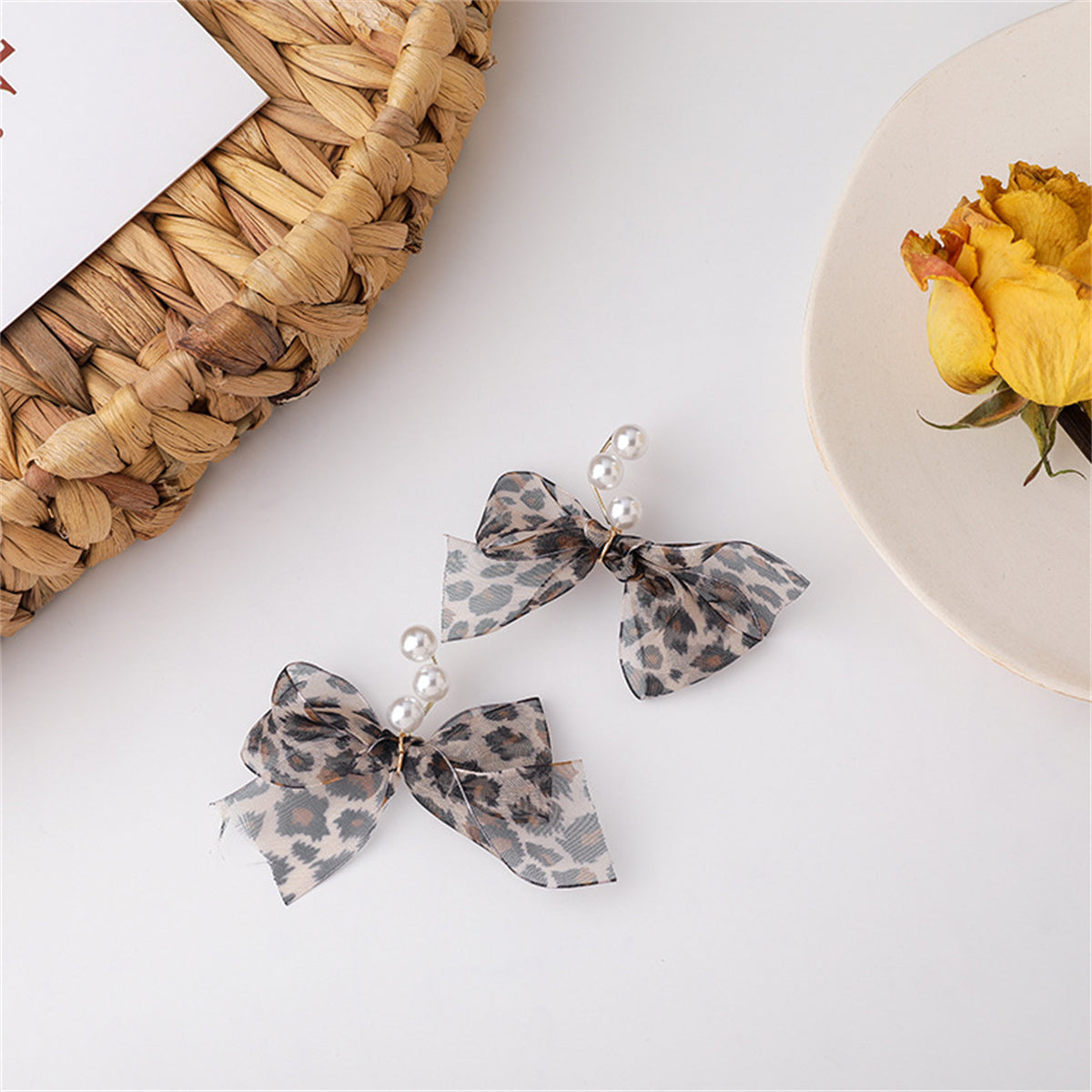 Pearl and Silk Leopard Print Bow Drop Earrings, drop earrings for women, everyday style, detail close-up