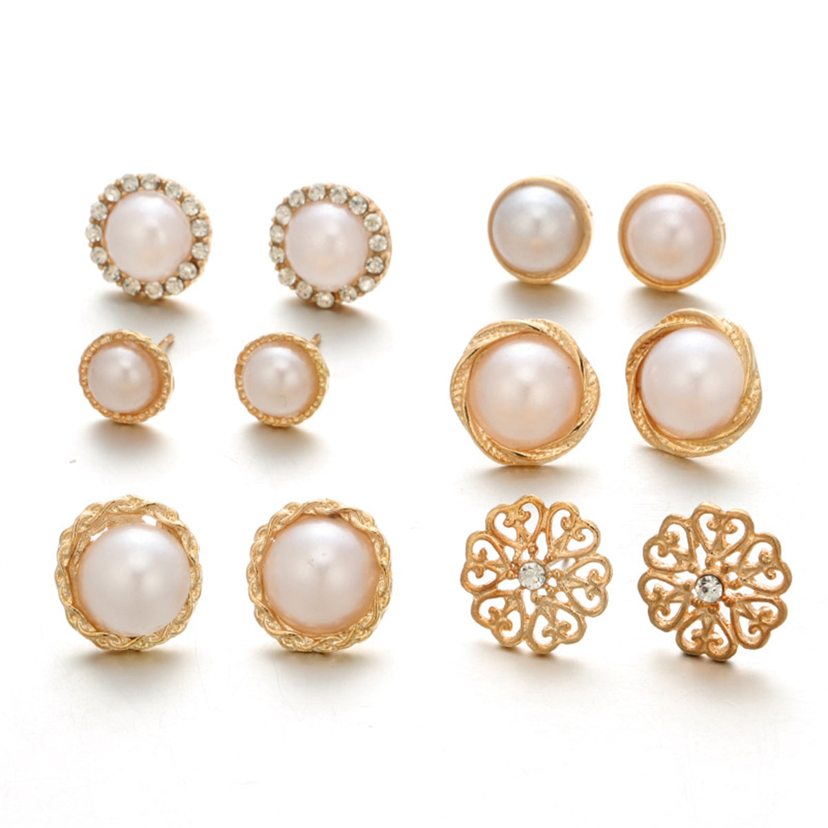 Pearl & Cubic Zirconia Floral Round Stud Earrings Set