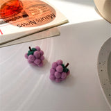 Purple & Green Wool Fuzzy Grape Bunch Stud Earrings
