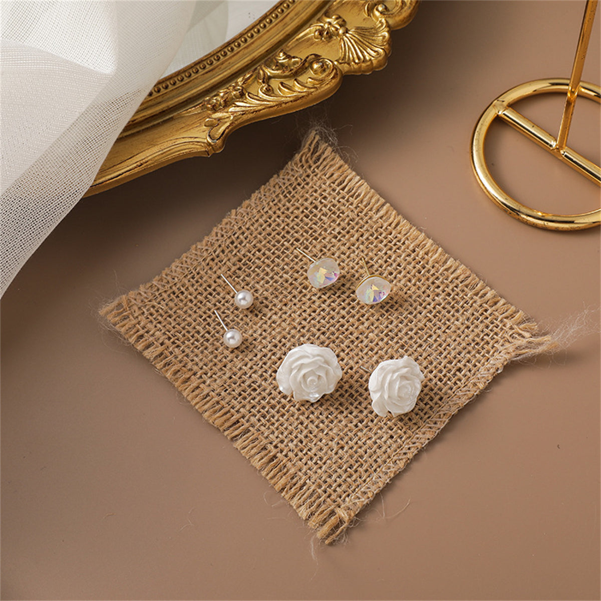 Pearl and Crystal Rose Stud Earrings Set, stud earrings for women, elegant gift for her, side view