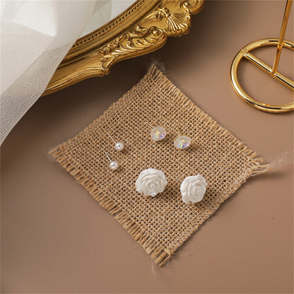 Pearl and Crystal Rose Stud Earrings Set, stud earrings for women, elegant gift for her, side view