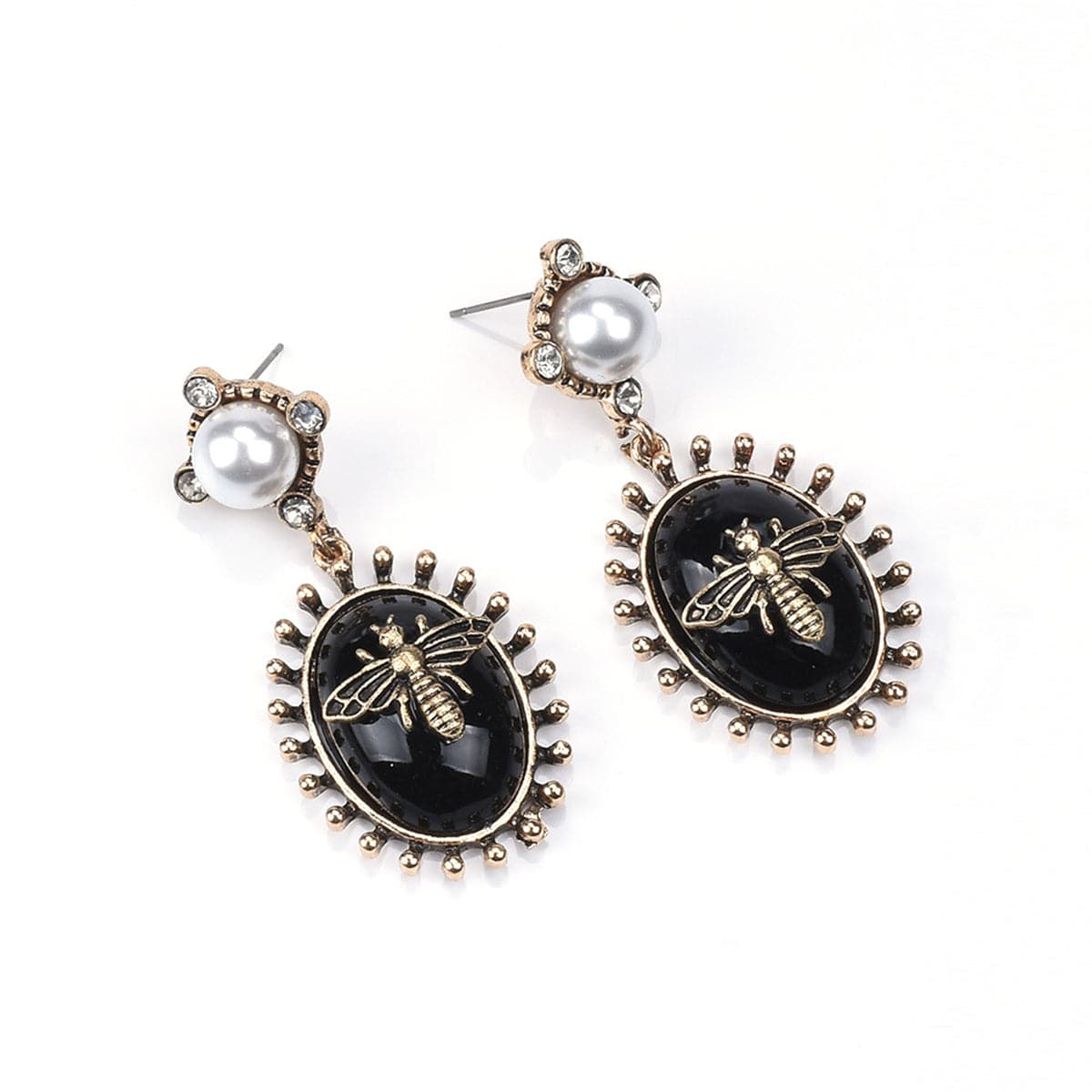 Black Crystal & Pearl 18K Gold-Plated Bee Drop Earrings
