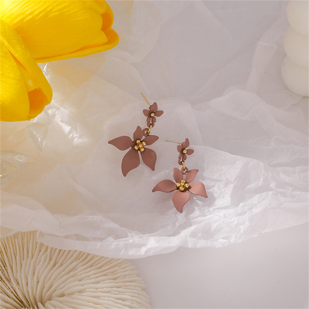 Pink Enamel and 18K Gold-Plated Flower Drop Earrings, gold drop earrings for women, everyday style, side view