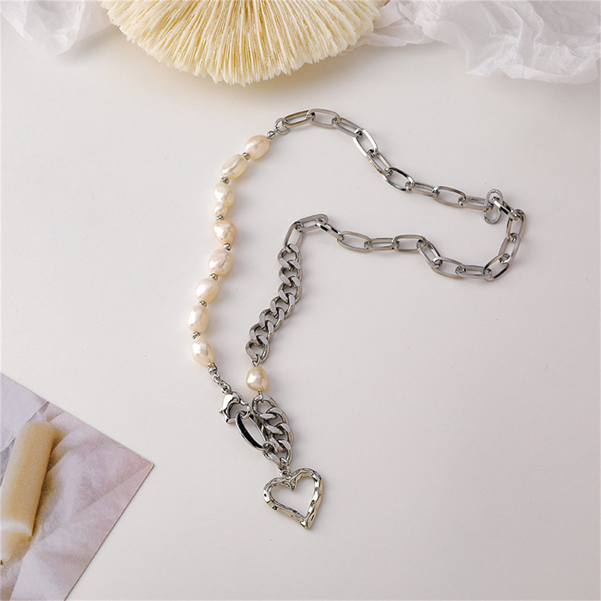 Pearl and Silver-Plated Open Heart Pendant Necklace, silver pendant necklace for women, lifestyle look