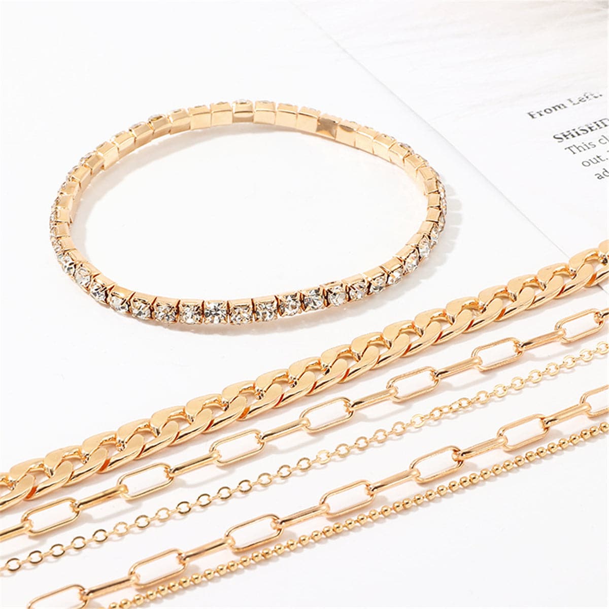 Cubic Zirconia and 18K Gold Plated Figaro Chain Anklet Set, jewelry gift sets for women, everyday style, detail close-up