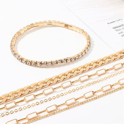 Cubic Zirconia and 18K Gold Plated Figaro Chain Anklet Set, jewelry gift sets for women, everyday style, detail close-up