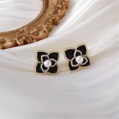 Pearl & Black Camellia 18K Gold-Plated Stud Earrings