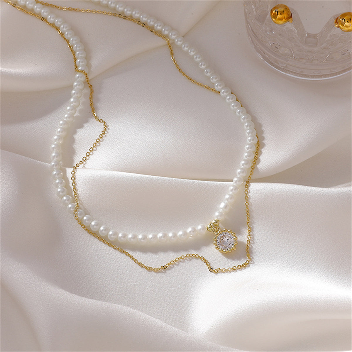 Pearl & Cubic Zirconia 18K Gold-Plated Beaded Layered Pendant Necklace