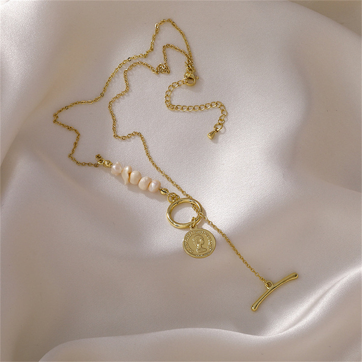 Pearl & 18K Gold-Plated Asymmetrical Coin Toggle Pendant Necklace