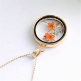 Orange & Goldtone Pressed Peach Blossom Round Pendant Necklace