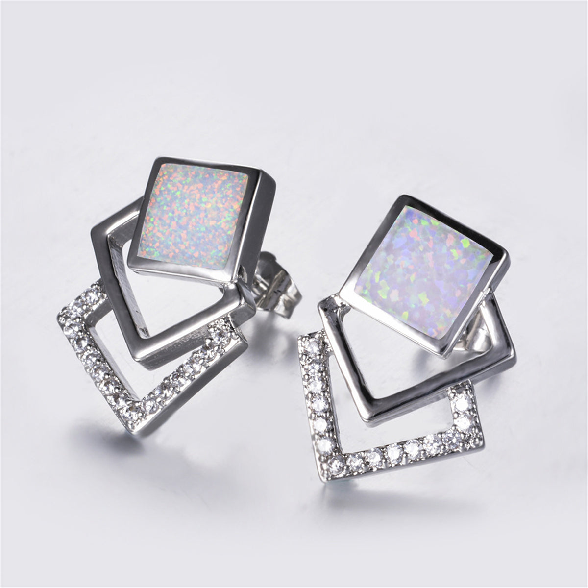 White Opal & Cubic Zirconia Tri-Square Stud Earrings