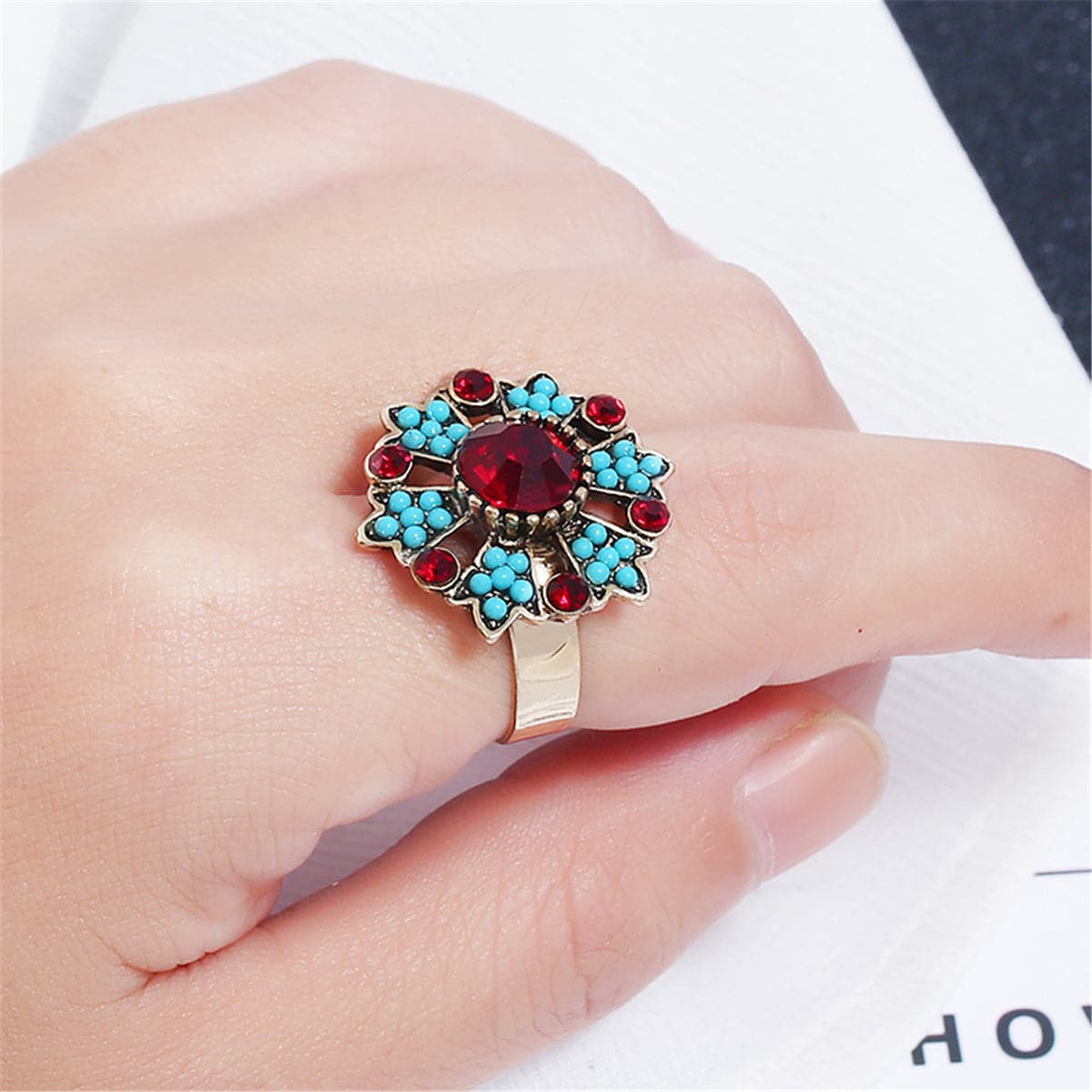 Red Cubic Zirconia & Turquoise Flower Cocktail Ring - streetregion