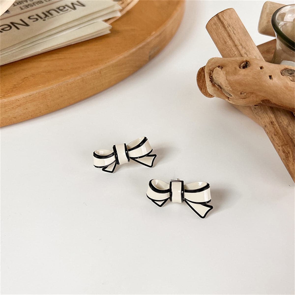 White Polyurethane and Silver-Plated Bow Stud Earrings, silver stud earrings for women, elegant gift for her, front view
