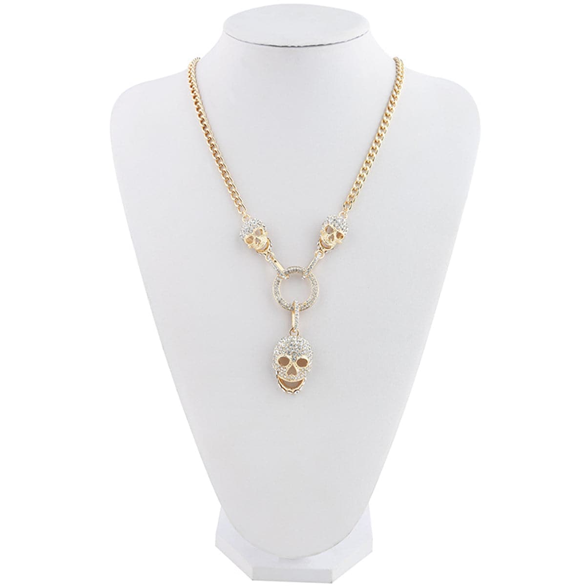 Cubic Zirconia & 18K Gold-Plated Triple Skull & Ring Pendant Necklace