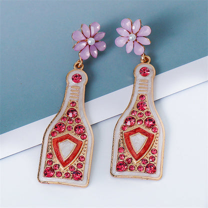 Pink Crystal and Enamel Pearl Shield Bottle Drop Earrings, drop earrings for women, dainty minimalist design, side view
