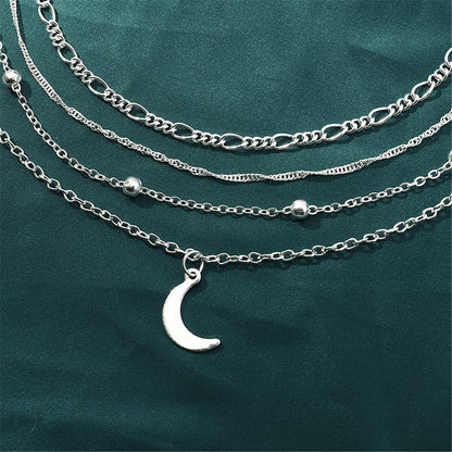 Silver-Plated Moon Charm Anklet Set, jewelry gift sets for women, dainty minimalist design, detail close-up