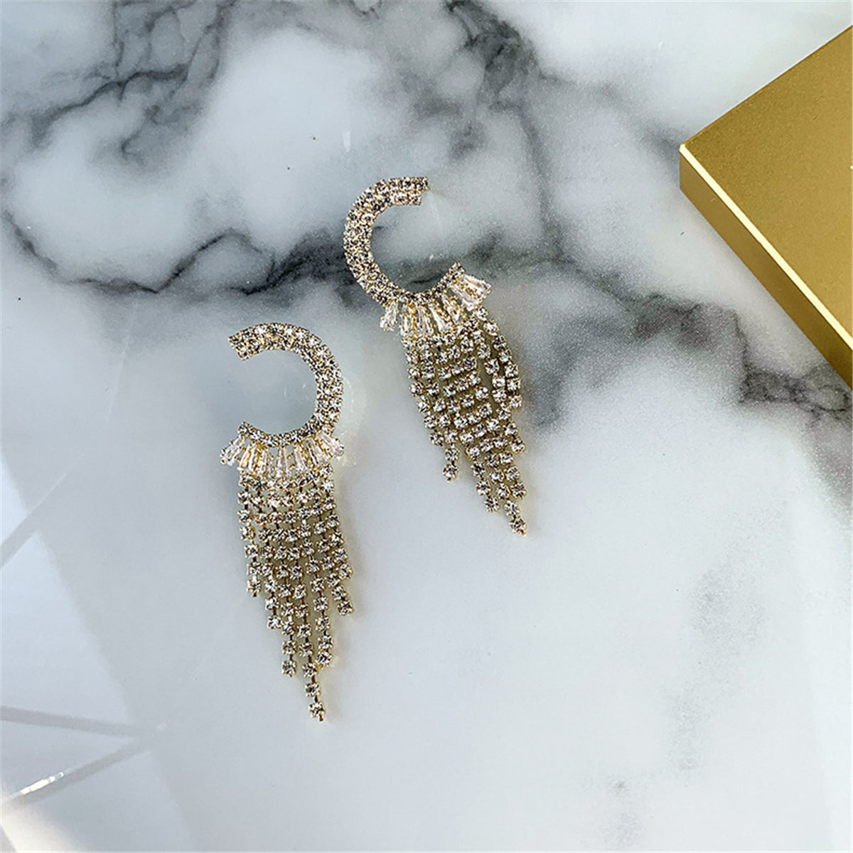 Crystal and Cubic Zirconia Tassel Drop Earrings, drop earrings for women, dainty minimalist design, side view