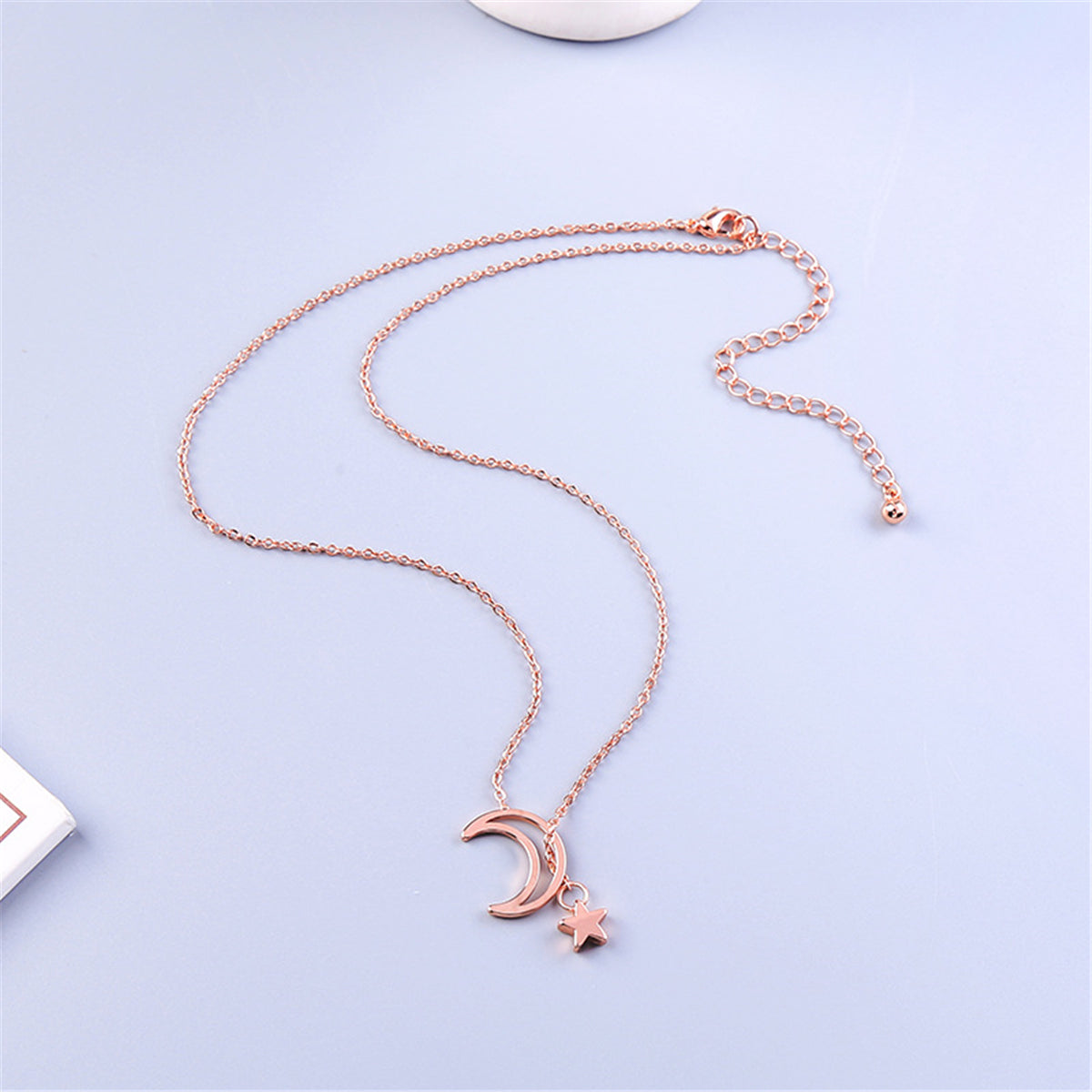 18K Rose Gold-Plated Moon and Star Pendant Necklace, rose gold pendant necklace for women, elegant gift for her, front view
