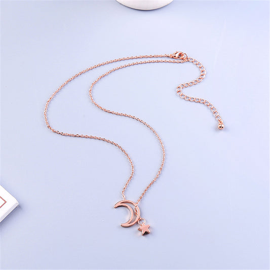 18K Rose Gold-Plated Moon and Star Pendant Necklace, rose gold pendant necklace for women, elegant gift for her, front view