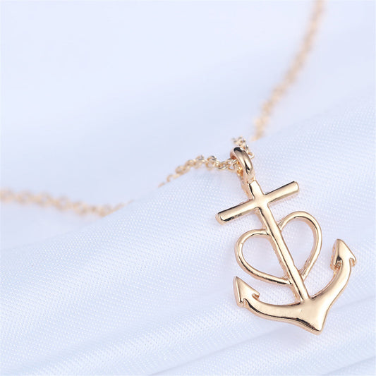 18K Gold-Plated Heart Anchor Pendant Necklace, gold pendant necklace for women, everyday style, front view