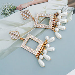 Cubic Zirconia & Pearl 18K Gold-Plated Rhombus Rectangle Drop Earrings