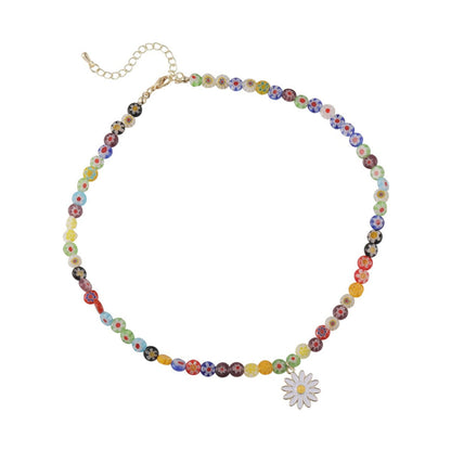 White Enamel and Multicolor Acrylic 18K Gold-Plated Daisy Pendant Beaded Necklace, gold pendant necklace for..., front view