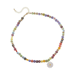 White Enamel & Multicolor Acrylic 18K Gold-Plated Daisy Pendant Beaded Necklace