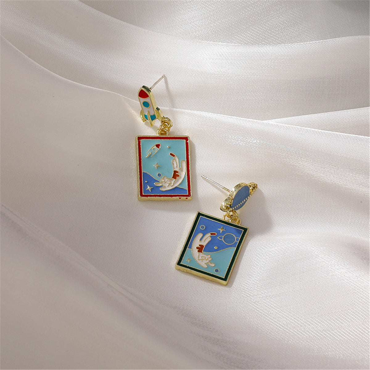 Red Enamel and 18K Gold-Plated Rocket Drop Earrings, gold drop earrings for women, botanical inspired, front view