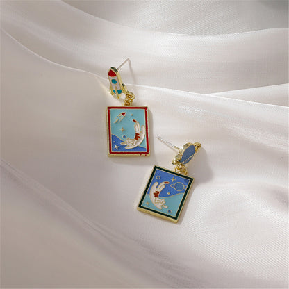 Red Enamel and 18K Gold-Plated Rocket Drop Earrings, gold drop earrings for women, botanical inspired, front view