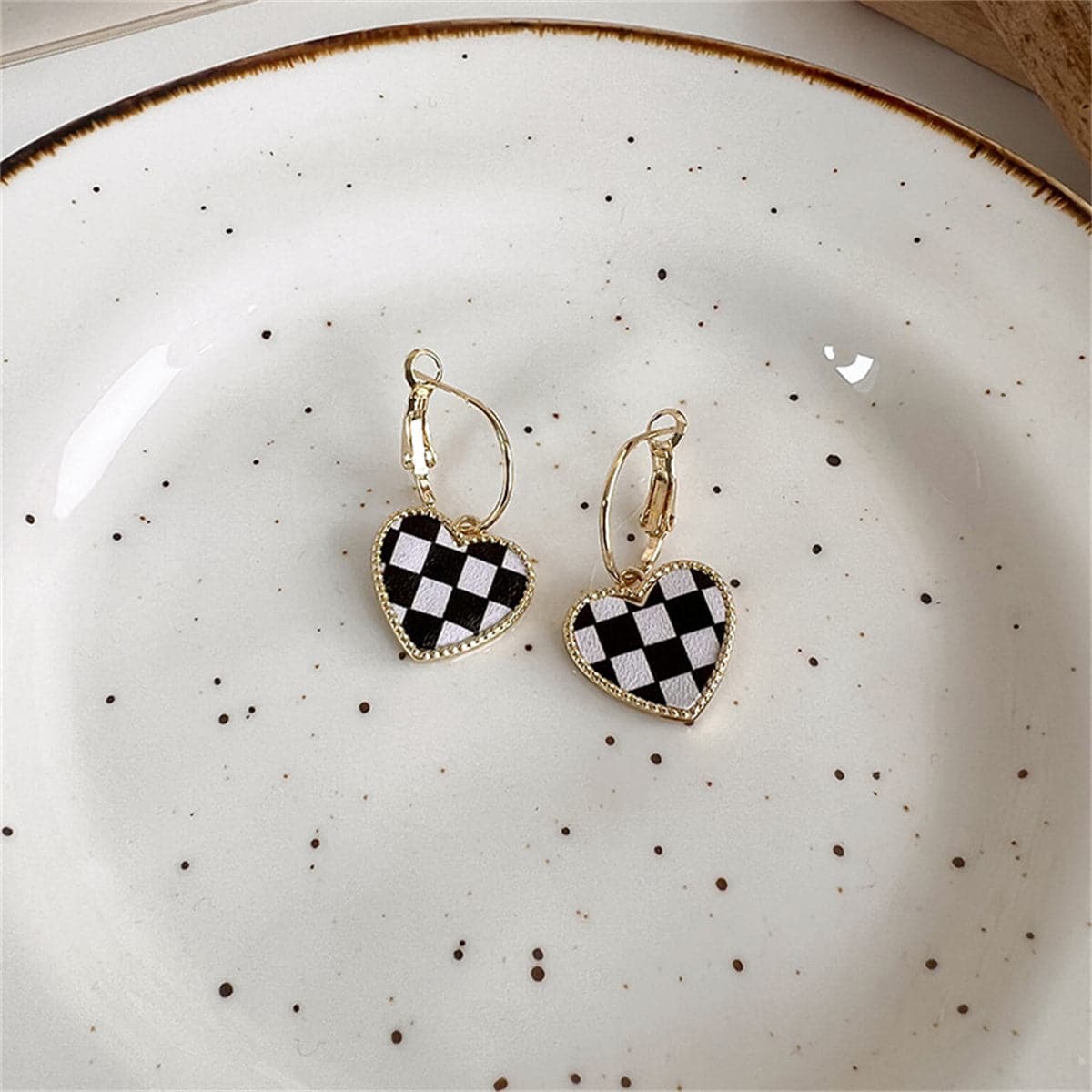 Black and White Checkerboard Heart Drop Earrings, drop earrings for women, vintage-inspired design, styled look