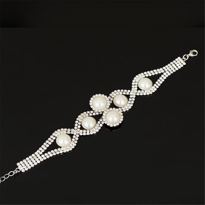 Pearl and Cubic Zirconia Silver-Plated Crossing Bracelet, silver bracelet for women, everyday style, front view
