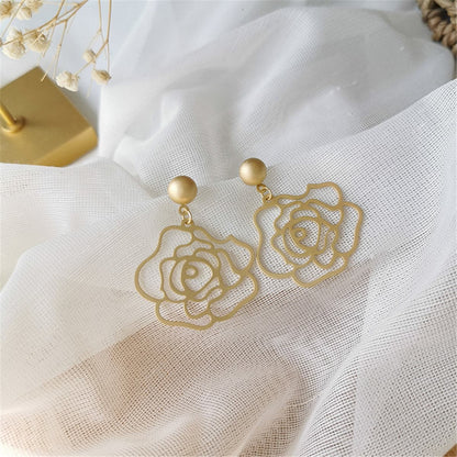 18K Gold-Plated Floral Openwork Drop Earrings, gold drop earrings for women, everyday style, front view