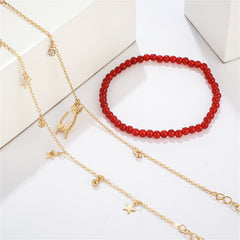 Red & Cubic Zirconia Beaded Cat Charm Anklet Set