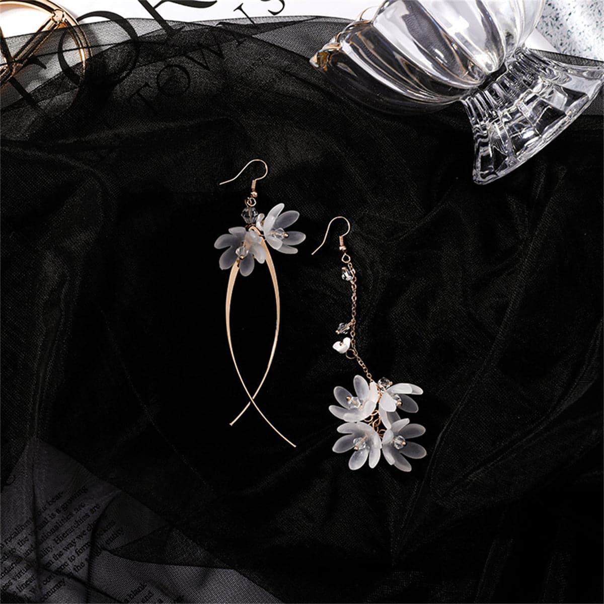 Clear Acrylic & 18K Gold-Plated Floral Asymmetric Drop Earrings
