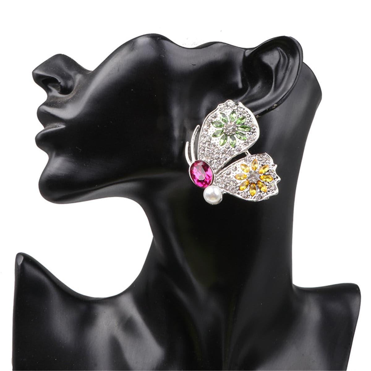 Pink Crystal & Cubic Zirconia Pearl Butterfly Stud Earrings