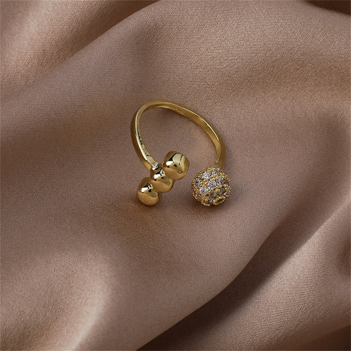 Cubic Zirconia and 18K Gold-Plated Ball Open Ring, gold statement rings for women, vintage-inspired design, detail close-up