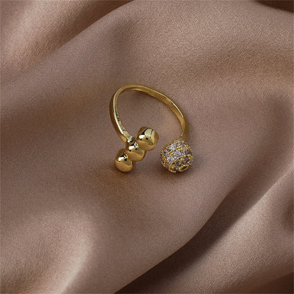 Cubic Zirconia and 18K Gold-Plated Ball Open Ring, gold statement rings for women, vintage-inspired design, detail close-up