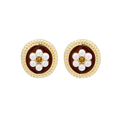 Pearl & Enamel 18K Gold-Plated Flower Round Stud Earring