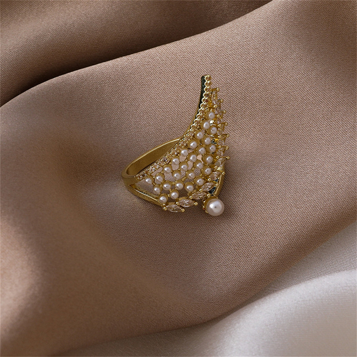 Cubic Zirconia and White Pearl 18K Gold-Plated Wing Bypass Ring, gold statement rings for women, detail close-up