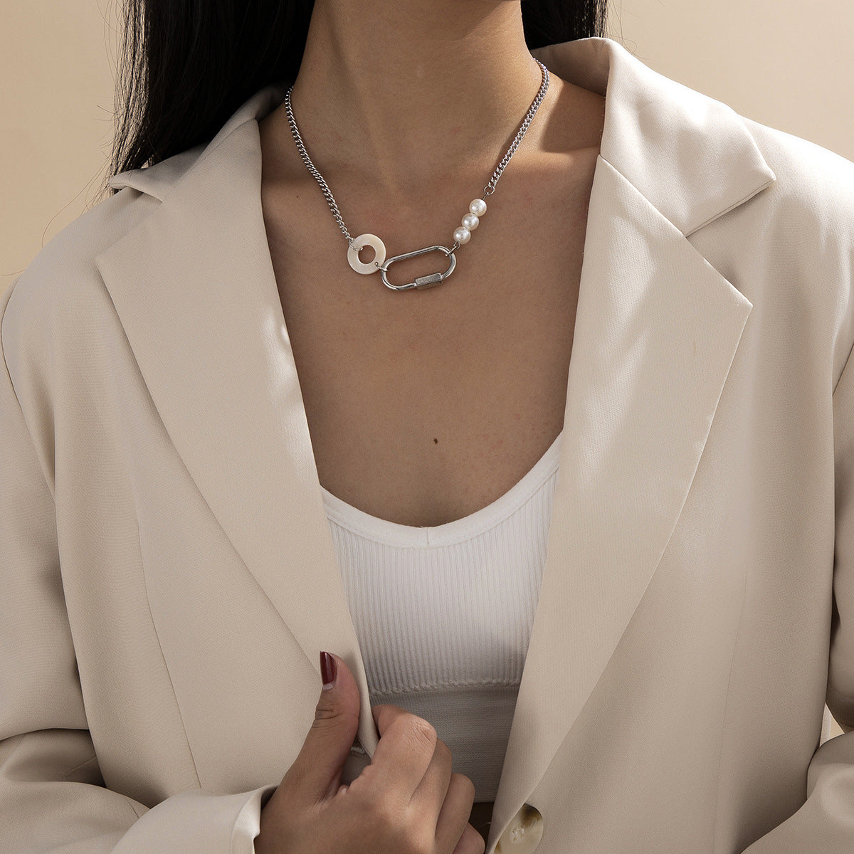 Pearl & Acrylic Silver-Plated Carabiner Choker Necklace