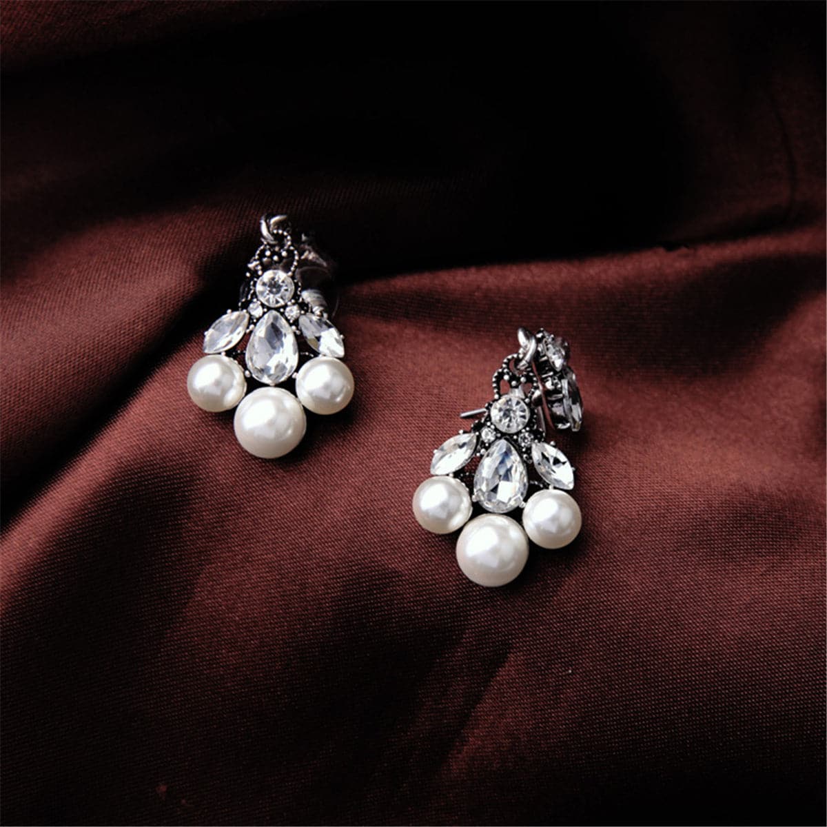 Crystal & Pearl Silver-Plated Flower Cluster Drop Earrings