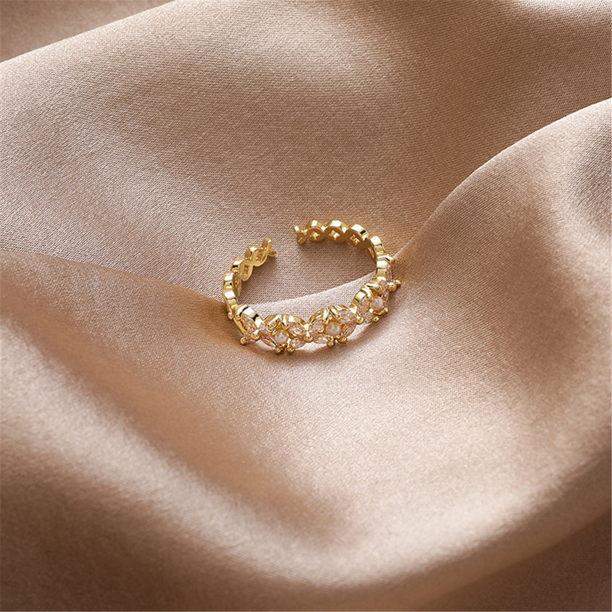 Cubic Zirconia and Pearl 18k Gold-Plated Flower Band, gold statement rings for women, everyday style, front view