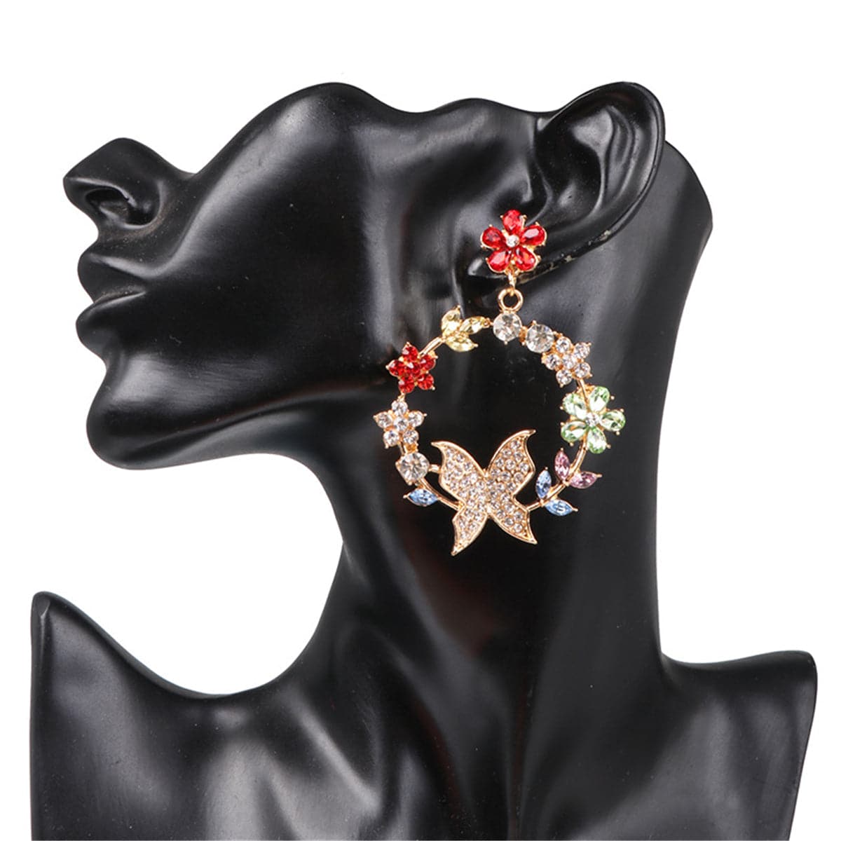 Red Crystal & Cubic Zirconia Floral Butterfly Drop Earrings