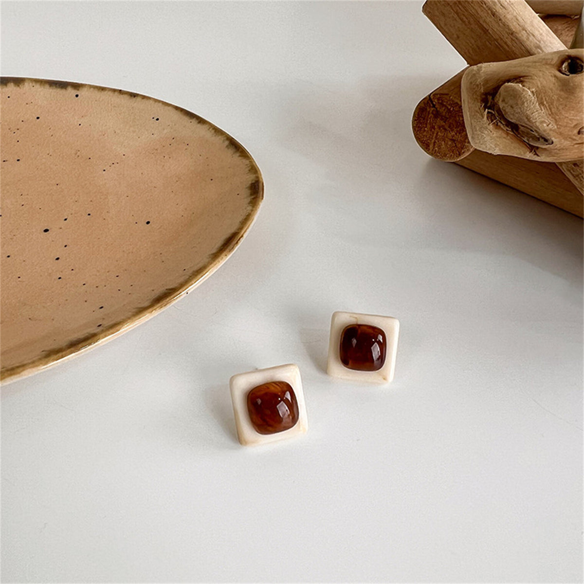 Coffee Resin and Silver-Plated Stacked Square Stud Earrings, silver stud earrings for women, elegant gift for her, side view