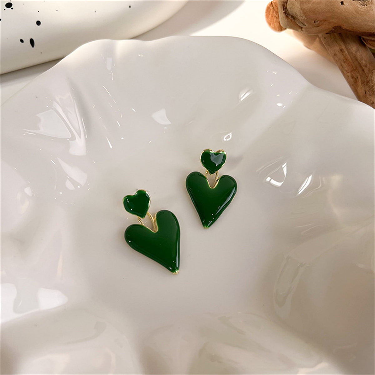 Green Enamel and 18K Gold-Plated Stacked Heart Drop Earrings, gold drop earrings for women, botanical inspired, styled look