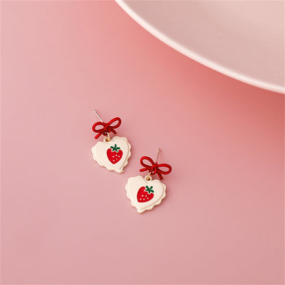 Red Enamel and 18K Gold-Plated Bow Strawberry Drop Earrings, gold drop earrings for women, detail close-up