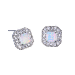 White Opal Princess-Cut Halo Stud Earrings