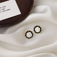 White Resin & Black Enamel 18k Gold-Plated Camellia Stud Earrings