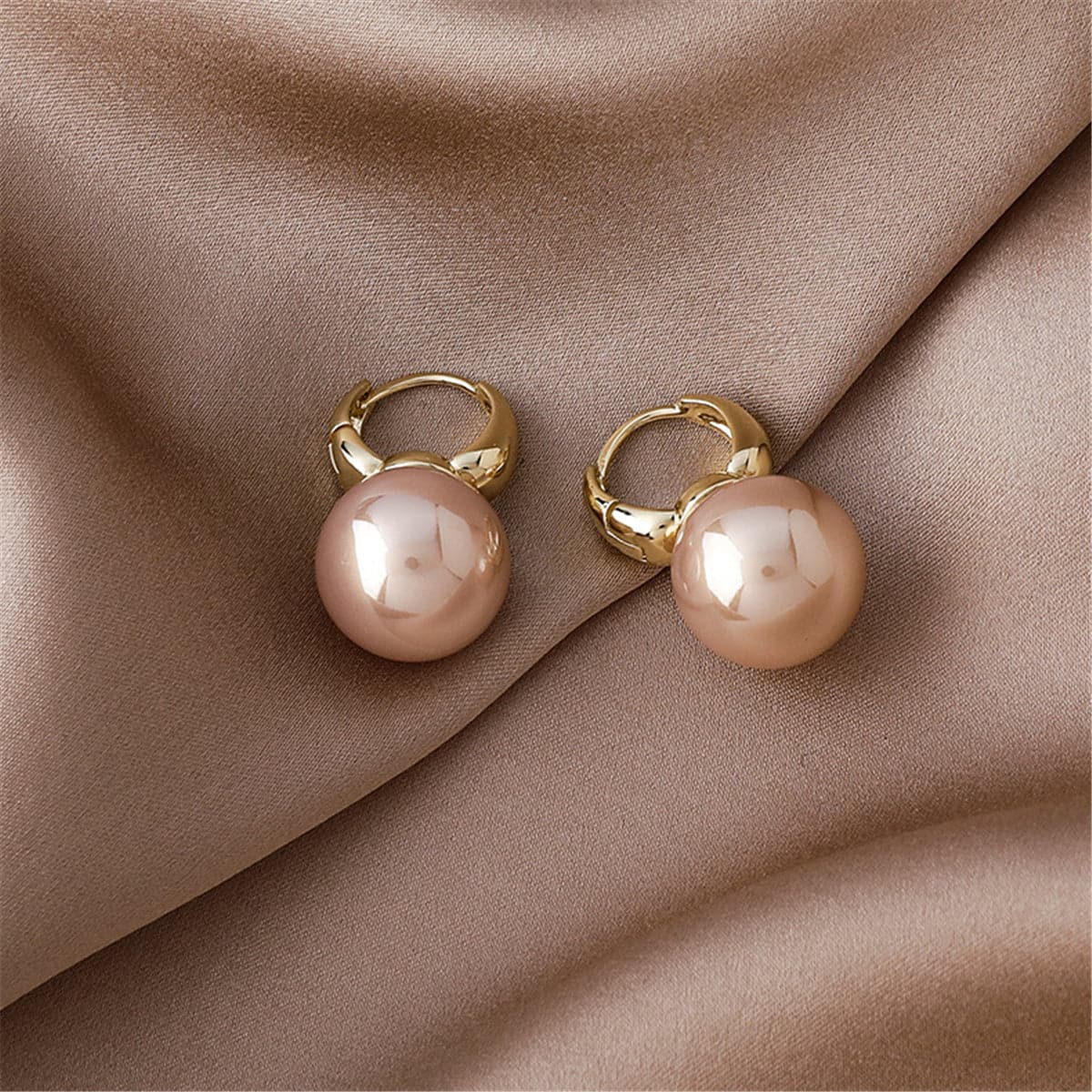 Pink Pearl and 18K Gold-Plated Huggie Earrings, gold huggie earrings, vintage-inspired design, front view