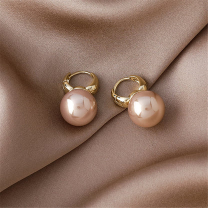 Pink Pearl and 18K Gold-Plated Huggie Earrings, gold huggie earrings, vintage-inspired design, front view